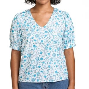 Draper James V-Neck Puff Short Sleeve Top Blue Paisley XS